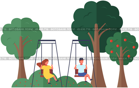 Children relax and spend time together in city park. Boy and girl riding swing. People have fun and play. Cartoon characters are sitting on swing and enjoying outdoor activities in warm season. Children spend time together in city park. Boy and girl riding swing. People have fun and play. Стоковая иллюстрация, агентство Ingram Publishing / Фотобанк Лори