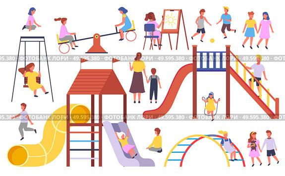 Children s activities. Kids playing at playground, with ball, jumping rope, walking holding hands, carousel, up-and-down, slide, swing, drawing picture, mother and kid. Set of cartoon illustrations. Kids playing at playground, with ball, jumping rope, carousel, up-and-down, slide, swinging. Стоковая иллюстрация, агентство Ingram Publishing / Фотобанк Лори