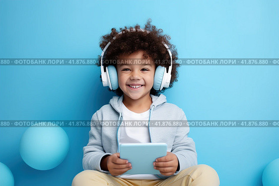 Children with gadgets, Alpha generation, Digital Aborigines - people born after the digital revolution and accustomed to gadgets from an early age. Стоковое AI-изображение, AI-художник Ирина Ручушкина / Фотобанк Лори