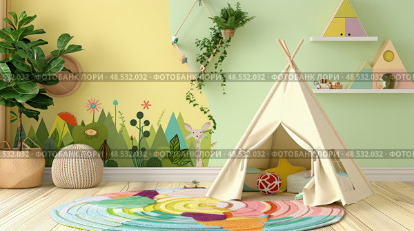 Childs playroom with a teepee tent set up in a cozy corner, surrounded by small potted plants. Стоковое AI-изображение, AI-художник Данила Большаков / Фотобанк Лори