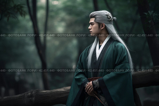 Chinese swordsman forest. Generate Ai. Стоковое AI-изображение, AI-художник Иван Рябоконь / Фотобанк Лори