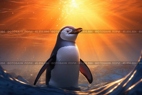 Chinstrap penguin swimming in ocean at sunset with sunbeams. Стоковое AI-изображение, AI-художник Иван Рябоконь / Фотобанк Лори