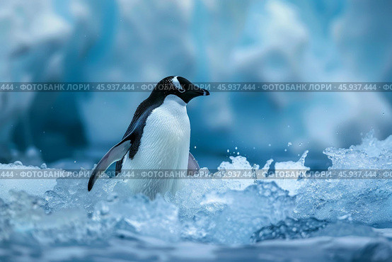 Chinstrap penguin walking from icy water in antarctica. Стоковое AI-изображение, AI-художник Иван Рябоконь / Фотобанк Лори
