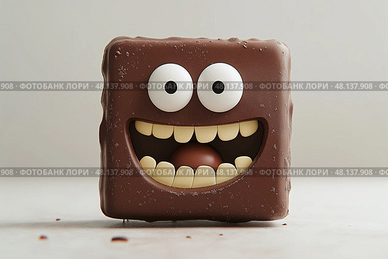 Chocolate character with a big smile and expressive eyes on a neutral background. Шоколадный персонаж с широкой улыбкой и выразительными глазами на нейтральном фоне. Стоковое AI-изображение, AI-художник Katsiaryna Repich / Фотобанк Лори
