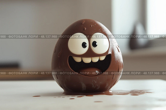 Chocolate character with a big smile in a cozy indoor setting. Шоколадный персонаж с широкой улыбкой в уютном помещении. Стоковое AI-изображение, AI-художник Katsiaryna Repich / Фотобанк Лори