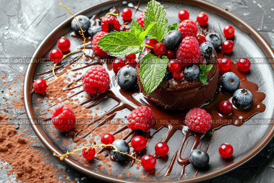 Chocolate fondant cake decorated with fresh berries and mint leaves on elegant plate. Стоковое AI-изображение, AI-художник Иван Рябоконь / Фотобанк Лори