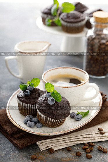 Chocolate muffins with fresh blueberry and cofee cup for breakfast. Стоковое фото, агентство Ingram Publishing / Фотобанк Лори