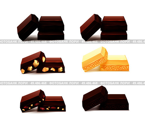 Chocolate pieces realistic set with isolated images of choc bits of different taste on blank background vector illustration. Стоковая иллюстрация, агентство Ingram Publishing / Фотобанк Лори