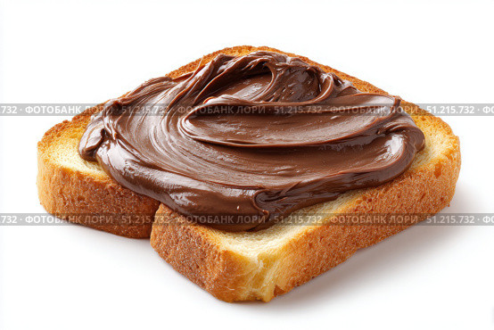 Chocolate spread on toast. Isolated piece of bread with hazelnut spread on a white background. Dark brown soft creamy chocolate texture and fresh slice of golden-brown toast. Elegant breakfast. Стоковое AI-изображение, AI-художник Марина Демидюк / Фотобанк Лори