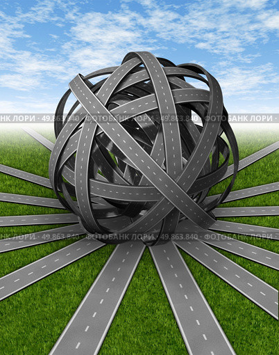Choice confusion as a direction symbol of decision problems and not having clear goals or well focused strategy with many roads tangled in a ball of tangled paths leading to failure of leadership on a sky and green grass. Стоковое фото, агентство Ingram Publishing / Фотобанк Лори