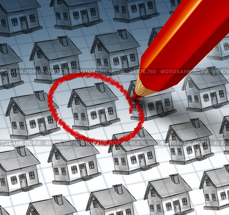 Choosing a home and house search concept with a red pencil crayon highlighting a drawing from a group of houses as a symbol of finding the perfect family residence and achieving real estate success. Стоковое фото, агентство Ingram Publishing / Фотобанк Лори
