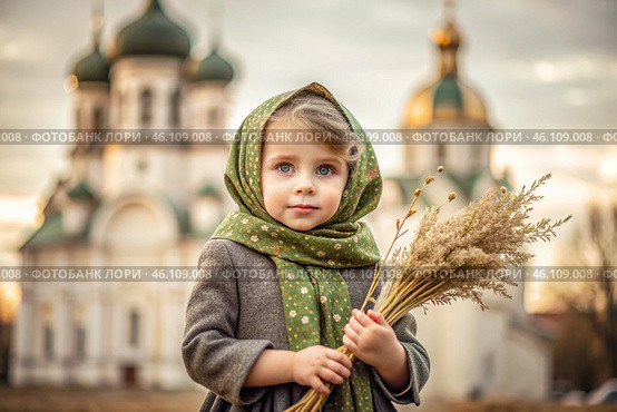 Christianity. Portrait of a three-year-old girl in a Russian folk shawl with a bouquet of wild grass in her hands against the background of an Orthodox church. Стоковое AI-изображение, AI-художник Photojuli / Фотобанк Лори