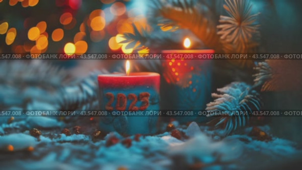 Christmas candles and lights with text 2025 against a festive blurred background. Slow motion footage. Holiday concept. Стоковое AI-видео, аниматор Ирина Михайличенко / Фотобанк Лори