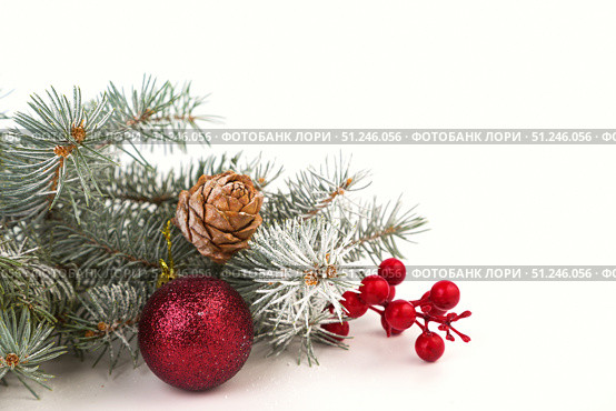 Christmas card with fir branches and Christmas decorations. Copy space. Стоковое фото, фотограф Ирина Толокновская / Фотобанк Лори