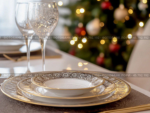 Christmas dining table, Christmas tree background. Стоковое AI-изображение, AI-художник Римма Тельнова / Фотобанк Лори