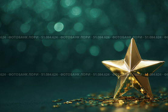 Christmas Golden star, shiny shimmering against a dark green background and bokeh lights. Abstract festive atmosphere for special events. Joyous vibe. Star-shaped gold decoration. Elegant night banner. Стоковое AI-изображение, AI-художник Марина Демидюк / Фотобанк Лори