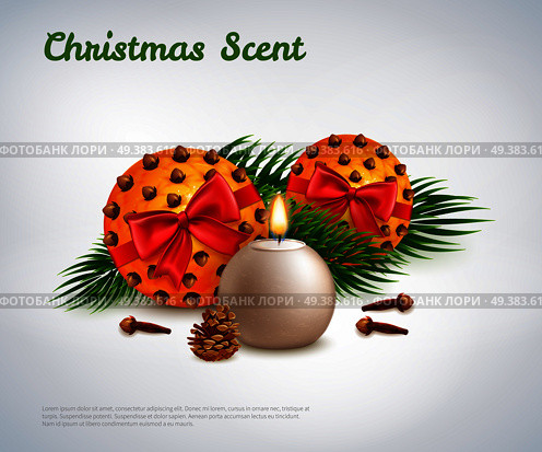 Christmas scent design concept with aroma candle pinecone spruce twig christmas balls realistic vector Illustration . Christmas Scent Design Concept. Стоковая иллюстрация, агентство Ingram Publishing / Фотобанк Лори