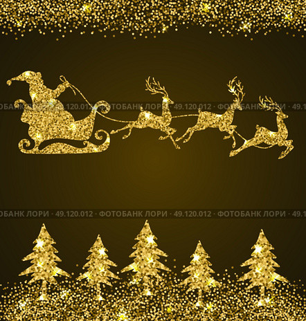 Christmas shining background with golden glitter firs and Santa Claus. Design for Christmas card. Стоковая иллюстрация, агентство Ingram Publishing / Фотобанк Лори