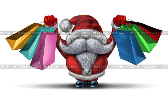 Christmas shopping spree  as a fun Santa clause with a white beard and a red snow costume holding retail gift bags for holiday buying fun and joyous winter sale holiday celebration on a white background. Стоковое фото, агентство Ingram Publishing / Фотобанк Лори