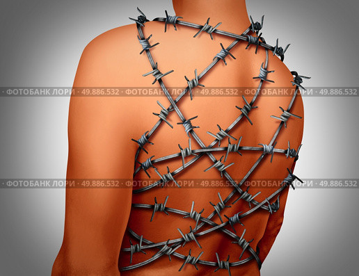 Chronic Back Pain and human spinal backache with a body showing the vertebra area wrapped in barbed or barb wire as a medical health care concept for arthritis or joint stress and painful suffering due to disk or joint inflammation. Стоковое фото, агентство Ingram Publishing / Фотобанк Лори