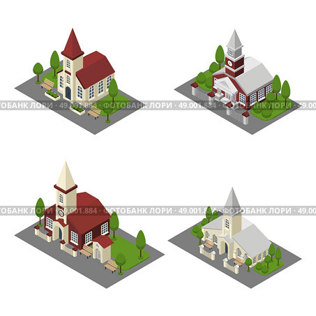 Church 3d building and isometric cathedrals and chapels isolated vector illustration. Church Building Isometric. Стоковая иллюстрация, агентство Ingram Publishing / Фотобанк Лори