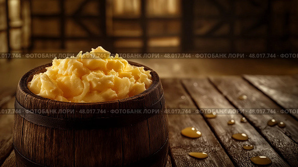 Churned butter in a wooden barrel on a rustic table setting. Взбитое масло в деревянной бочке на столе в деревенском стиле. Стоковое AI-изображение, AI-художник Katsiaryna Repich / Фотобанк Лори