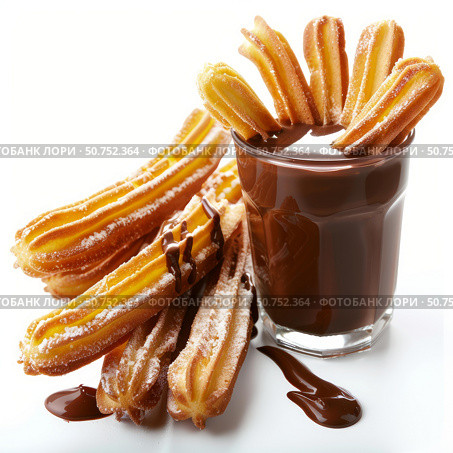 Churros dipped in hot chocolate sprinkled with powdered sugar. Стоковое AI-изображение, AI-художник Иван Рябоконь / Фотобанк Лори