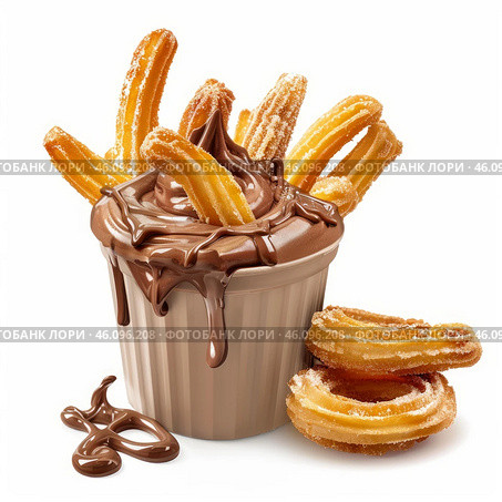 Churros dipped in melting chocolate cream. Стоковое AI-изображение, AI-художник Иван Рябоконь / Фотобанк Лори