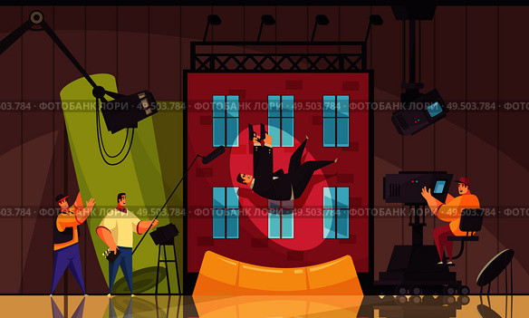 Cinema motion movie filming process cartoon composition with shooting stunt performer falling from building roof vector illustration. Стоковая иллюстрация, агентство Ingram Publishing / Фотобанк Лори