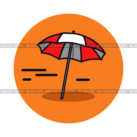 Circle icon depicting sandy beach. Vector illustration of red-and-white sun umbrella lying on scorching sand and casting small shadow. Circle Icon Depicting Sun Umrella Lying on Sand. Стоковая иллюстрация, агентство Ingram Publishing / Фотобанк Лори