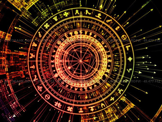 Circle of Meaning series. Design composed of sacred symbols, arrows and fractal elements as a metaphor on the subject of spirituality, astrology, divination and magic. Стоковое фото, агентство Ingram Publishing / Фотобанк Лори