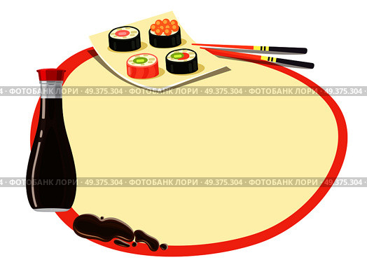 Circle with red frame and soy sauce bottle, set of sushi on square plate and chopsticks near on white. Even round label with space inside and traditional oriental kind of food signs around. Circle with Red Frame with Soy Sauce and Sushi. Стоковая иллюстрация, агентство Ingram Publishing / Фотобанк Лори