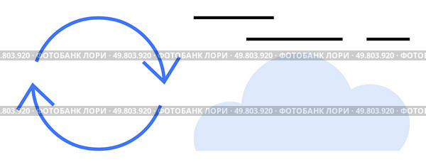 Circular blue arrows beside a blue cloud with horizontal black lines above it, symbolizing continuous data synchronization and connectivity. Ideal for cloud computing, web services, networking, data. Blue Cloud with Circular Arrows and Black Lines Representing Synchronization and Data Flow. Стоковая иллюстрация, агентство Ingram Publishing / Фотобанк Лори