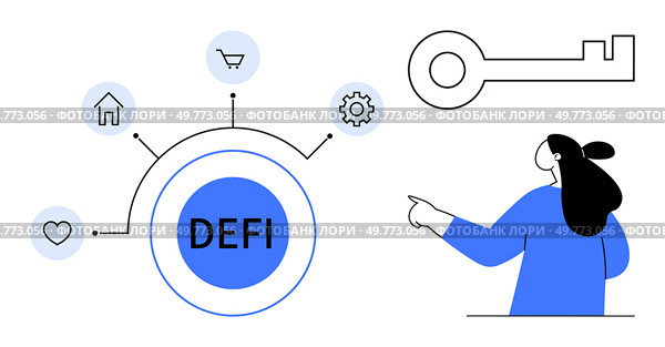 Circular center labeled DEFI with symbols for heart, home, shopping cart, and gear radiating outwards. Person pointing at key outlines on the right. Ideal for finance, technology, decentralization. Decentralized Finance Concept with Key Elements and User Interaction. Стоковая иллюстрация, агентство Ingram Publishing / Фотобанк Лори
