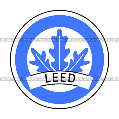 Circular logo features a blue leaf emblem and a white banner reading LEED on a blue background. Ideal for sustainability, green building, environmental certification, eco-friendly practices, and arc. Blue and White Circular LEED Logo with Triple Leaf Design and Central Banner. Стоковая иллюстрация, агентство Ingram Publishing / Фотобанк Лори