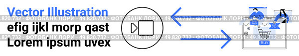 Circular video icon and shopping cart imagery connected by arrows showcasing content dissemination. Ideal for digital marketing, content creation, e-commerce, online collaboration, media sharing. Digital Content Sharing Concept with Video Icon and E-commerce Elements. Стоковая иллюстрация, агентство Ingram Publishing / Фотобанк Лори