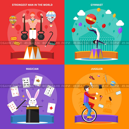 Circus Concept Icons Set . Circus concept icons set with gymnast magician and juggler symbols flat isolated vector illustration . Стоковая иллюстрация, агентство Ingram Publishing / Фотобанк Лори