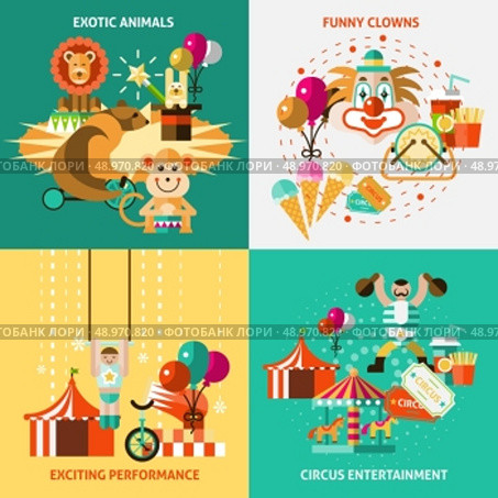 Circus entertainment flat icons set with exotic animals funny clowns exciting performance isolated vector illustration. Стоковая иллюстрация, агентство Ingram Publishing / Фотобанк Лори