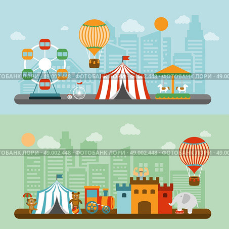 Circus in city flat banners set  . Travelling chapiteau circus tent in city nostalgic flat banners set  with elephant and strongman vector isolated illustration. Стоковая иллюстрация, агентство Ingram Publishing / Фотобанк Лори