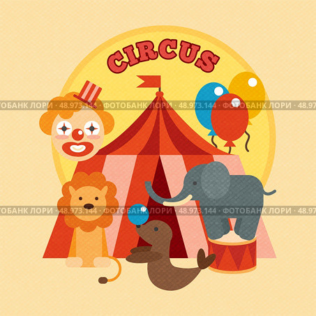 Circus performance poster with tent clown and lion elephant sealion animals flat vector illustration. Стоковая иллюстрация, агентство Ingram Publishing / Фотобанк Лори