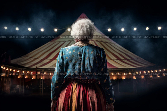Circus tent arena performer old woman. Generate Ai. Стоковое AI-изображение, AI-художник Иван Рябоконь / Фотобанк Лори