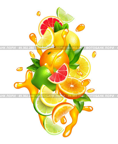 Citrus Fruits Juice  Drops Colorful Composition. Fresh citrus fruits wedges slices and segment with orange juice splashes around colorful realistic composition vector illustration . Стоковая иллюстрация, агентство Ingram Publishing / Фотобанк Лори