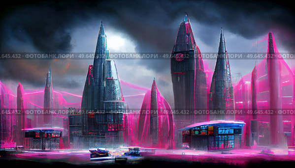 City in virtual reality, cyberpunk city street in neon lights. City in virtual reality. Стоковое фото, агентство Ingram Publishing / Фотобанк Лори