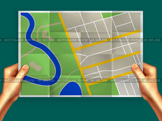 City map in hands realistic composition with human hands holding unfolded plan of the city vector illustration. Folding City Map Composition. Стоковая иллюстрация, агентство Ingram Publishing / Фотобанк Лори