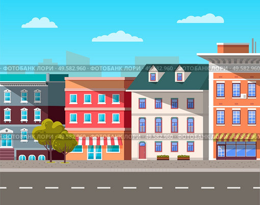 City street vector, empty town with old houses and buildings with fancy rooftops. Urban area residential constructions, skyscrapers and tree decor. Cityscape with houses facades. Flat cartoon. Cityscape with Empty Street and Green Tree Plant. Стоковая иллюстрация, агентство Ingram Publishing / Фотобанк Лори