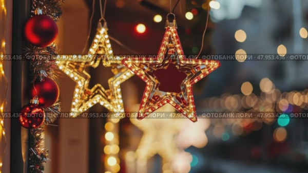 City streets advent Christmas decorations by night. Festive Xmas decor, colorful ornaments in urban setting. Holiday decorations of building or shops glow brightly, shiny stars. Illuminated ornaments. Стоковое AI-видео, аниматор Марина Демидюк / Фотобанк Лори