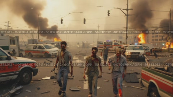 City streets overrun with decaying walking dead amid blazing fires and societal collapse. Стоковое AI-видео, аниматор Данила Большаков / Фотобанк Лори