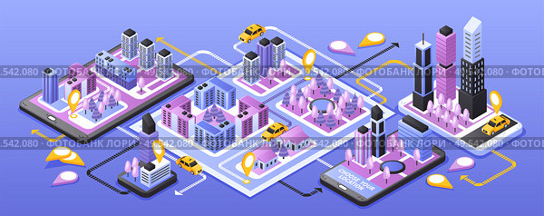 City taxi online service narrow isometric banner with smartphone navigation app schema blue purple background vector illustration. Стоковая иллюстрация, агентство Ingram Publishing / Фотобанк Лори