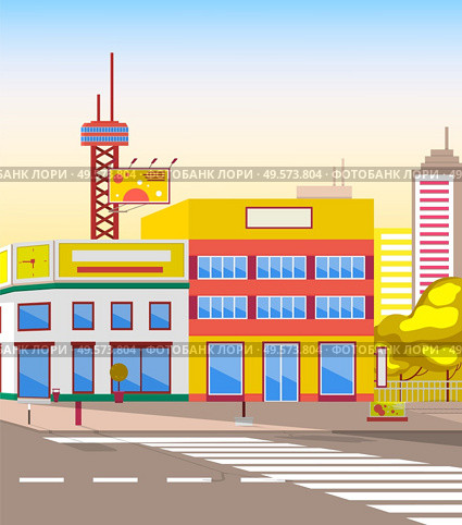 City view, cityscape with street and pedestrian crossing lines. Tower and billboard, board for ads advertisements, houses and roads realistic. Vector illustration in flat cartoon style. Road and Cityscape, Advertising on Billboard City. Стоковая иллюстрация, агентство Ingram Publishing / Фотобанк Лори