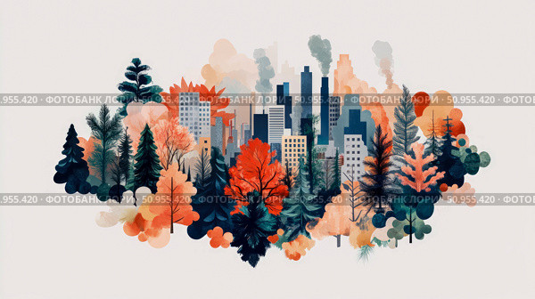 Cityscape with Nature Concept: Urban Sprawl Meets Greenery, for print, card, or poster. Стоковое AI-изображение, AI-художник Данила Большаков / Фотобанк Лори